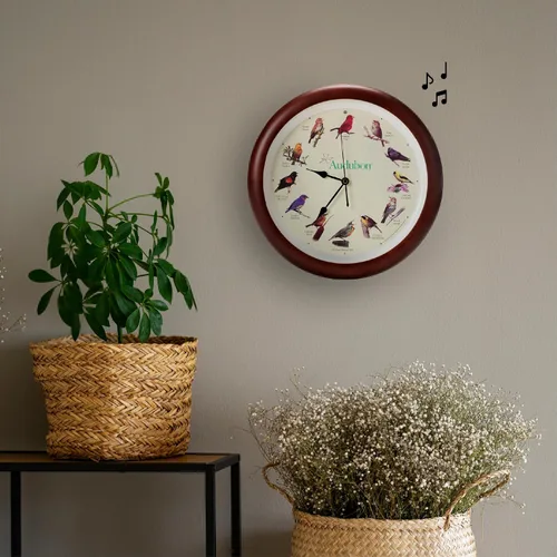 Miniatura 6 de Mark Feldstein, Audubon - Reloj de pared con diseño de pájaro cantante, 13 pulgadas, cereza prémium