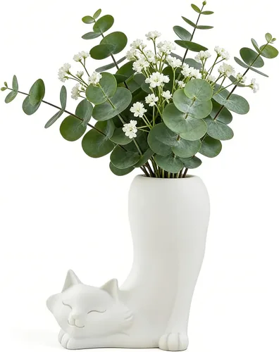 Miniatura 2 de Florero de gato blanco, plantas secas, jarrón de pampas, maceta estética para habitación, baño, decoración de hogar, oficina, estantería, decoración