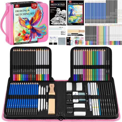 Miniatura 12 de Kit de bocetos de 106 piezas de suministros de arte, lápices de dibujo profesional con cuaderno de bocetos de 3 colores, libro para colorear, Negro