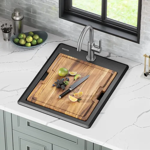 Miniatura 2 de KRAUS Bellucci KGTW12-18MBL - Fregadero de cocina de estación de trabajo de granito, 46 cm, montaje directo, cuenco individual, montaje superior