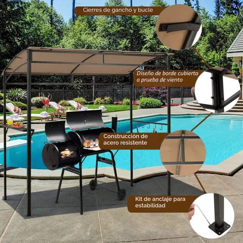 Miniatura 7 de Tangkula - Cenador de parrilla de 7 pies, toldo para barbacoa de patio con estante de servicio y ganchos de almacenamiento, refugio curvo para Café