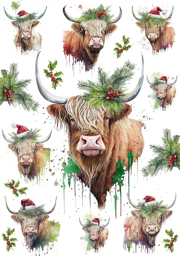 Papel de arroz para decoupage A4, papel vintage para decoupage, papel vintage (Highland de Navidad - 2 hojas)