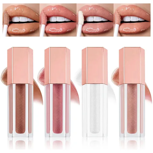 Kit de maquillaje de brillo labial brillante brillante de 4 piezas, aceite de labios hidratante brillante, acabado de alto brillo, maquillaje de