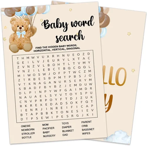 Juegos de baby shower, búsqueda de palabras para bebés, doble cara, divertidas ideas y suministros para fiesta de bebé para niña o niño. Bonito