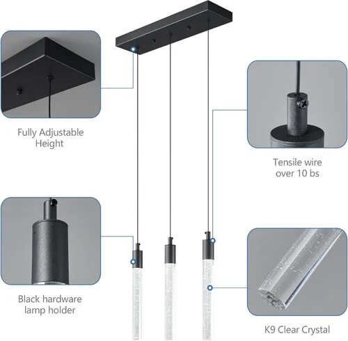 Miniatura 7 de Iluminación moderna para isla de cocina, lámpara colgante negra, regulable, con acabado negro, mini luces colgantes de cristal para comedor, sala