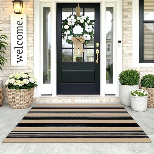Miniatura 24 de KOZYFLY Alfombra a rayas blancas y negras de 2 x 3 pies, tejido de algodón, lavable, para interiores y exteriores, alfombra pequeña para puerta