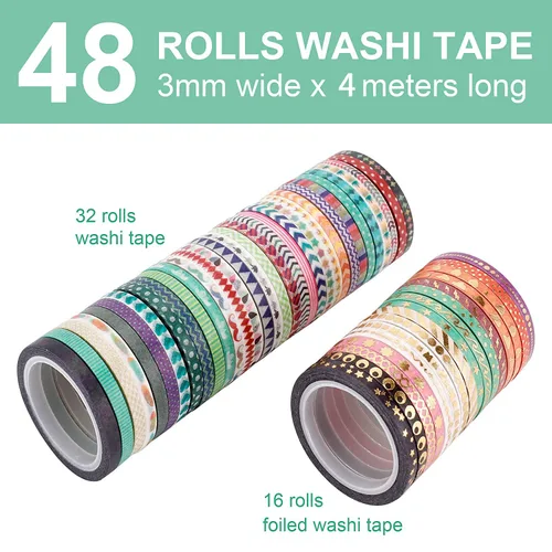 Miniatura 3 de NANYNNU Bonito juego de 48 rollos de cinta washi, cintas adhesivas Washi decorativas delgadas de aluminio, 0.118 in de ancho, cinta de papel