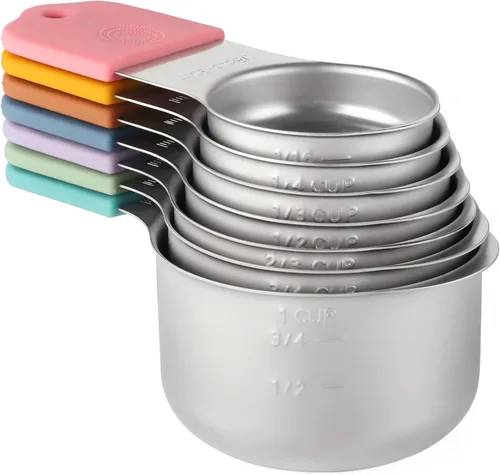 Miniatura 9 de Juego de 7 tazas medidoras de acero inoxidable apilables y resistentes para ingredientes secos y líquidos plateado