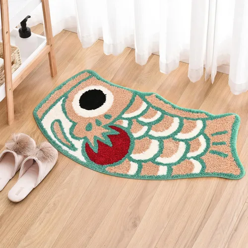 Miniatura 7 de Bonita alfombra de baño de peces para baño, suave, absorbente de agua, azul, para bañera, estilo japonés, almohadilla Koi para ducha