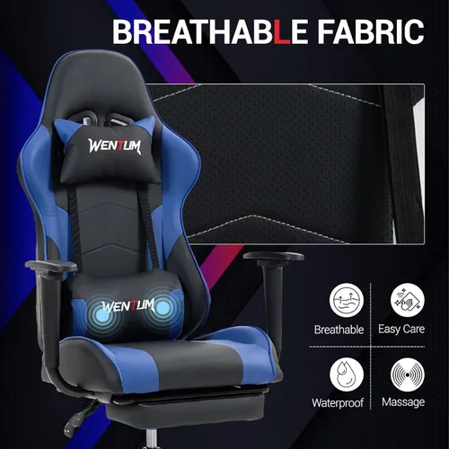 Miniatura 6 de Silla para juegos con reposapiés, silla de escritorio ergonómica para PC con reposacabezas y soporte lumbar de masaje, silla de videojuegos