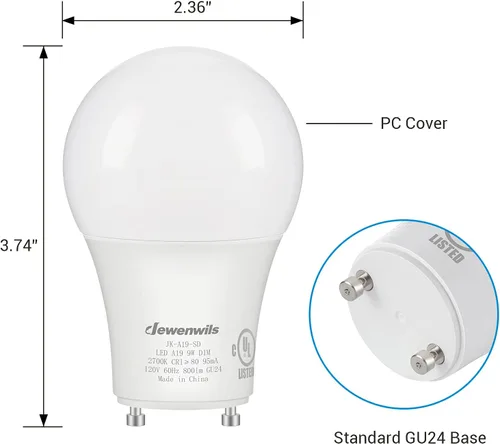 Miniatura 7 de DEWENWILS Bombilla LED GU24, equivalente a 60 W, bombillas regulables de 2 puntas, blanco cálido de 2700 K, 9 W 800 lúmenes, bombillas en forma A19