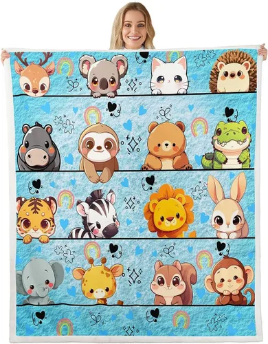 Manta de franela de animales de dibujos animados para todas las estaciones, manta de cama azul con estampado de amor Kawaii para decoración del