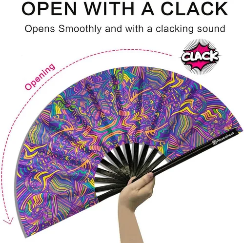 Miniatura 3 de Ventilador plegable grande, ventilador Clack Rave de 13 pulgadas, ventilador de mano para mujeres y hombres con tela de satén de alta calidad, marco