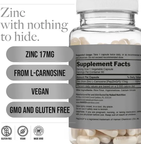 Miniatura 5 de NAKED Carnosina de zinc 17 mg (60 cápsulas) + monohidrato de creatina micronizada NAKED Pure 17.64 oz (100 porciones) – Vegano; Sin OGM; Sin gluten