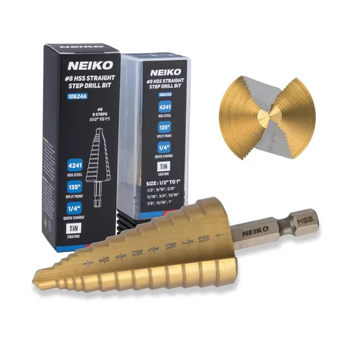 Miniatura 35 de NEIKO 10602A Step Drill Bit, 13 Steps 1/8" to 1/2" Spiral High Speed Steel, Titanium Nitride Coated, 1/4" Quick Change Step Bits for Steel, Metal