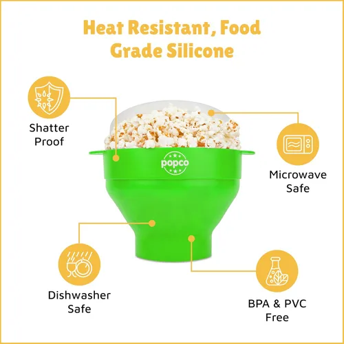 Miniatura 6 de POPCO - Palomitas de maíz de silicona para microondas - Palomitas de maíz plegables - Tazón de palomitas de maíz con asas y tapa - Apto para Verde