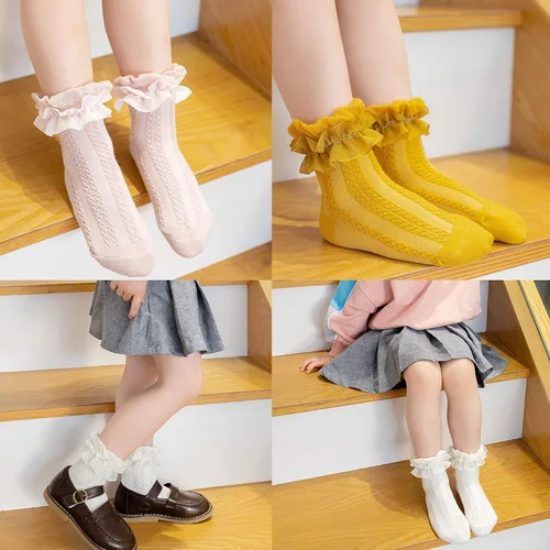Miniatura 3 de 5 pares de calcetines de algodón con volantes de encaje para niñas y niños pequeños