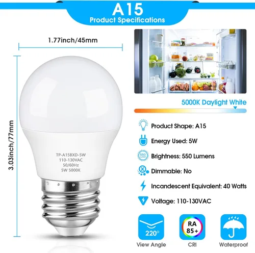 Miniatura 3 de Maylaywood Bombilla LED para refrigerador, equivalente a 40 W, bombilla A15 para nevera, impermeable, luz blanca diurna 5000K, base E26 de 550