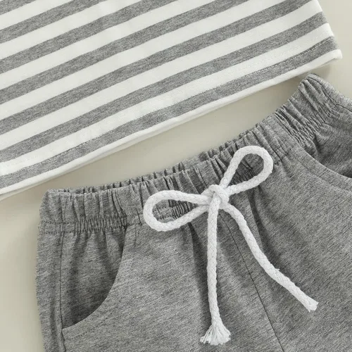 Miniatura 20 de Conjunto de ropa casual de manga corta con botones y pantalones cortos de lino para bebés y niños pequeños