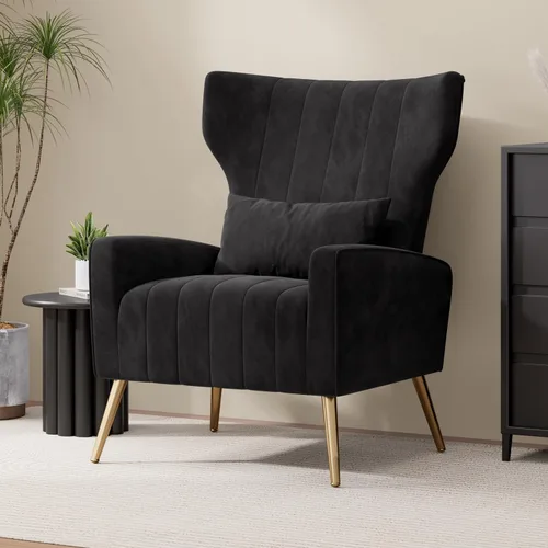 Nebuaegis Silla decorativa de terciopelo con respaldo alado para sala de estar, sillón de respaldo alto con patas doradas, almohada lumbar, sofá