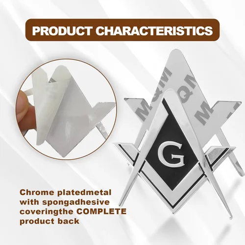 Miniatura 3 de 2 piezas de emblema de automóvil masónico 7 cm de compás auto camión metal adhesivo, escuadra masónica auto motocicleta regalo accesorios