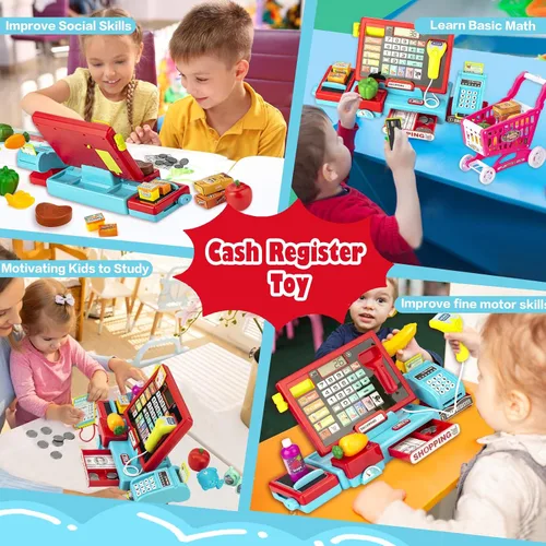 Miniatura 4 de Caja registradora para niños, calculadora real, caja registradora con escáner de juguete para niño de 3, 4, 5, 6, 7, 8 años, juego de simulación