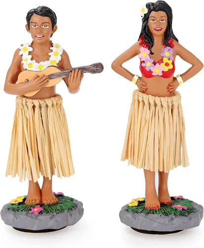 Hula - Figura de tablero de instrumentos de pareja para niñas y niños, 4.72 pulgadas de alto, color de pareja, patrón floral, tema cultural,