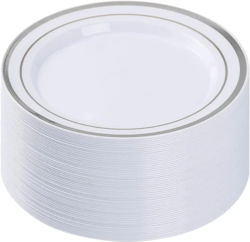 Miniatura 8 de BESTVIP 100 platos de plástico plateados, platos desechables de 10.25 pulgadas para fiesta con borde plateado para Navidad, Acción de Gracias