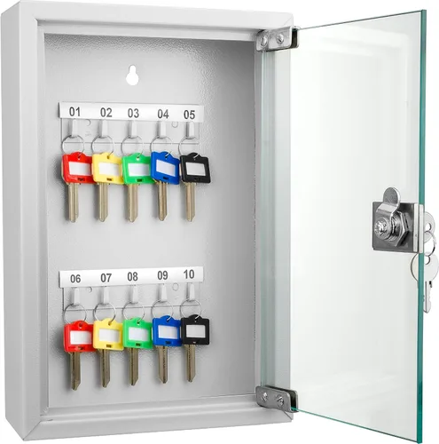 Barska Caja con cerradura de llave con puerta de cristal, organizador de gabinete de llaves de acero para montaje en pared con ganchos etiquetados y