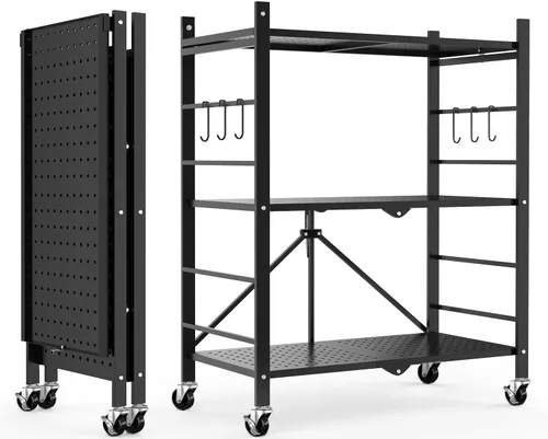 Himix Estantes de almacenamiento con 6 ganchos, estante plegable de 3 niveles con ruedas, estantería de almacenamiento de metal, carrito rodante,