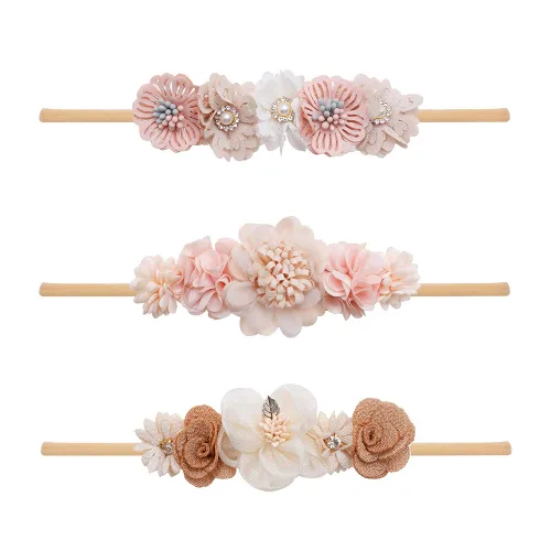 Miniatura 11 de cherrboll 3 diademas de flores para bebé, súper suaves y elásticas, de nailon, para recién nacidas Rosa (Rose Bloom)