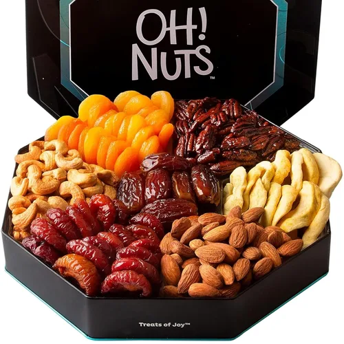 Miniatura 10 de Oh! Nuts Canasta de regalo de frutas secas y nueces de 7 secciones - Canastas de regalo de frutas y nueces gourmet surtidas - Caja redonda de metal