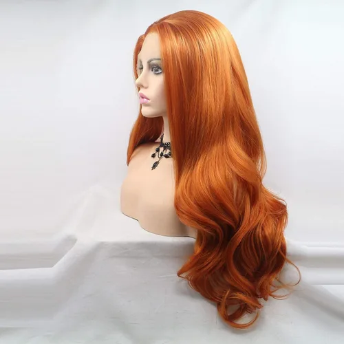 Miniatura 3 de ELESTY - Pelucas de encaje frontal sintéticas color naranja, de largo ondulado, con partición libre, sin pegamento, tejidas a media mano