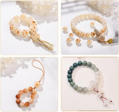 Miniatura 7 de Cuentas de rosario de jade blanco natural de raíz de Bodhi para mujer con una pulsera de un solo anillo