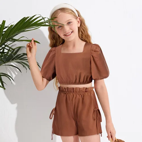 Miniatura 3 de BAVADER Conjunto de ropa para niña, 2 piezas, con cuello cuadrado, manga abombada, pantalones cortos con bolsillo con cordón para verano