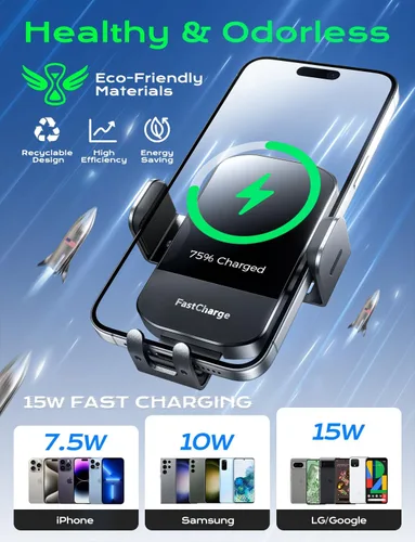 Miniatura 2 de Cargador de Coche Inalámbrico, Carga Rápida de 15W, Cargador de Coche con Abrazadera Automática, Soporte de Teléfono para Coche Compatible