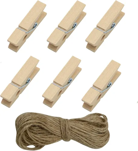 Alfileres de madera para ropa, 100 piezas de color madera de 1.3 pulgadas (1.4 in) pequeños clips de madera con cordel de yute de 33 pies para clips