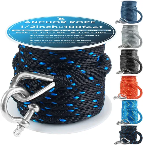 Miniatura 49 de Cuerda de anclaje premium de 100 pies x 3/8 pulgadas, cuerda marina de línea de anclaje MFP trenzada sólida con dedal y grillete, color negro