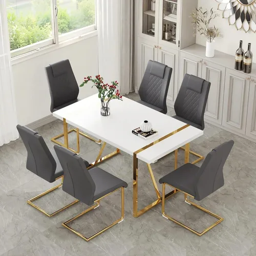 Miniatura 21 de Moderno juego de mesa de comedor para 4, juego de mesa de comedor dorado de 55 pulgadas con 4 sillas de piel sintética negra, mesa de madera negra