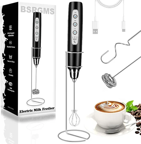 Miniatura 17 de BSRGMS Espumador de leche de mano para café, batidor eléctrico de 3 velocidades ajustables, mezclador de bebidas con 3 batidores de acero
