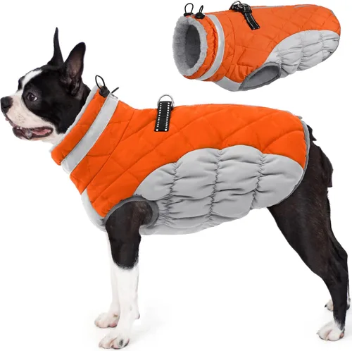 Miniatura 27 de AOFITEE Abrigo para perro, chaquetas cálidas para perros grandes, abrigo reflectante de cuello alto para perros con arnés integrado, impermeable
