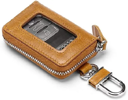 BAKUN Mini funda de cuero premium para llaves de coche, llavero inteligente para coche, cartera con cremallera para llavero remoto Marrón claro