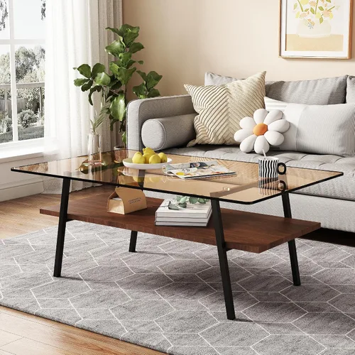 Miniatura 4 de IANIYA - Mesa de centro moderna de cristal, mesa de centro pequeña de mediados de siglo, mesa de centro para sala de estar con estantes de madera