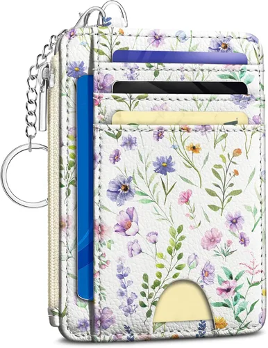 Miniatura 20 de Kelvoris Tarjetero pequeño para mujer, cartera delgada con bloqueo RFID, llavero con bolsillo para monedas con cremallera, bolsillo frontal