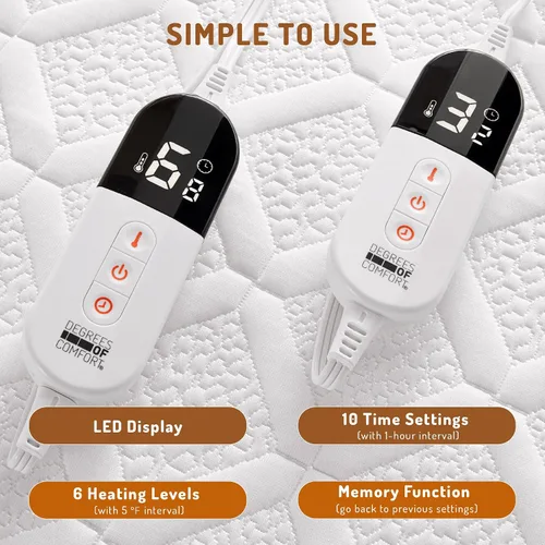 Miniatura 4 de Degrees of Comfort - Cubrecolchón térmico California King, calentador de cama eléctrico con dos controladores, 6 niveles de calefacción, apagado