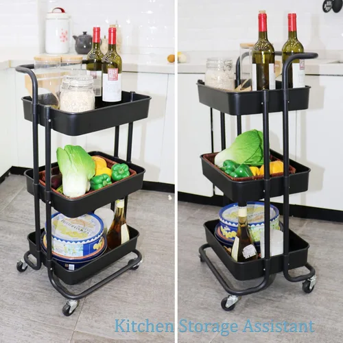 Miniatura 5 de Carrito utilitario de 3 niveles con ruedas multifuncional, organizador de estante con asa y ruedas bloqueables para el hogar, cocina, baño, Negro