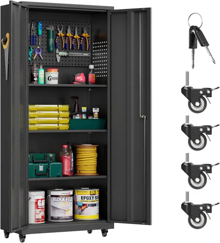 Miniatura 12 de Armario de Almacenamiento de Metal para Garaje con Ruedas, Armario para Escobas con Cerradura con Estantes Ajustables, Gabinete de Herramientas