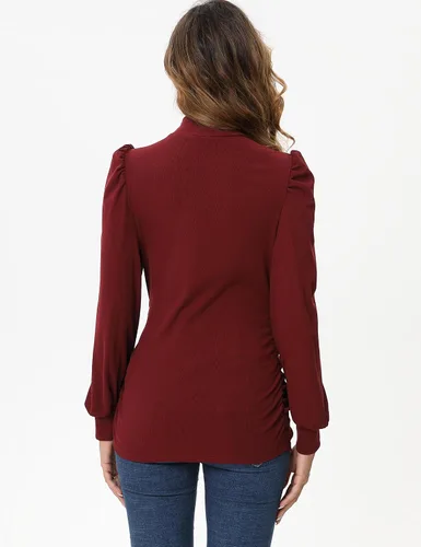 Miniatura 6 de Camiseta de maternidad de punto acanalado para mujer, casual, cuello alto, manga larga, fruncida, túnica para mujeres embarazadas