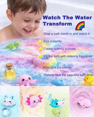Miniatura 2 de Bombas de baño de regalo para niños a partir de 3 años, diseño de arcoíris salpicado, juego de regalo de tesoro de burbujas naturales con burbujas