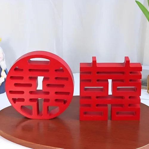 Miniatura 6 de shamjina Boda china doble felicidad artesanía montaje en pared decoraciones de madera escultura de compromiso, cuadrado
